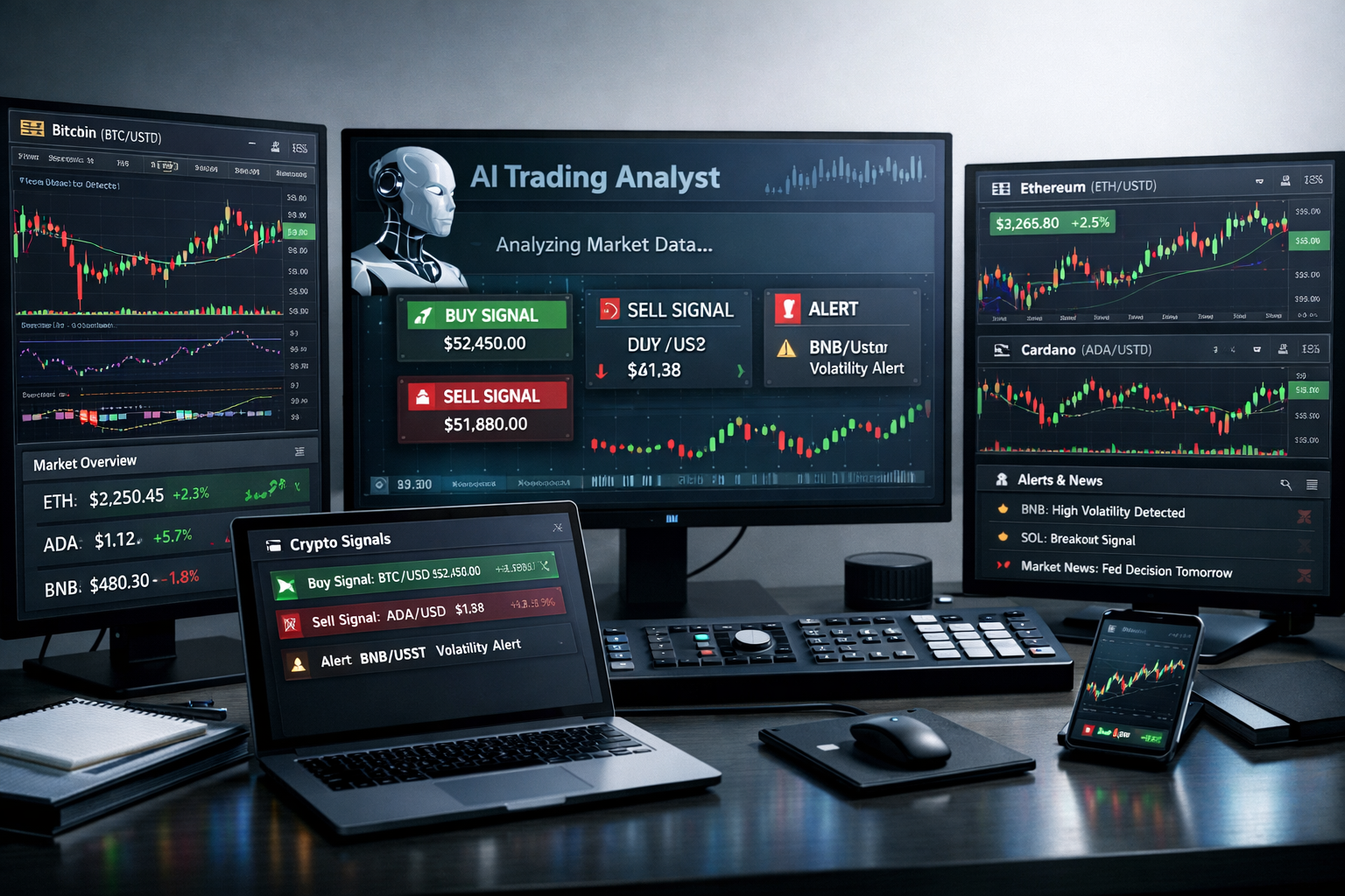 AI analyzing cryptocurrency charts and delivering trading signals, professional dashboard with BTC and altcoin price charts, clean modern fintech style, multiple screens