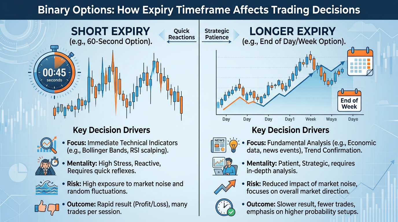 Match expiry to the signal: short for scalping, longer for swing-style binary trades